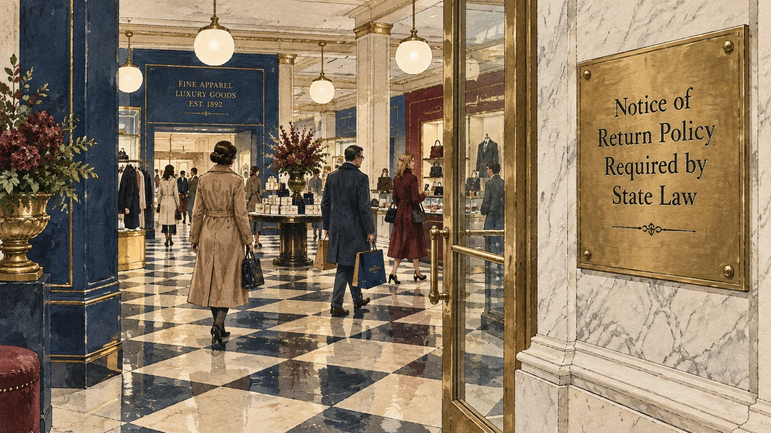 Shoppers enter an upscale department store beside a brass plaque reading Notice of Return Policy Required by State Law.
