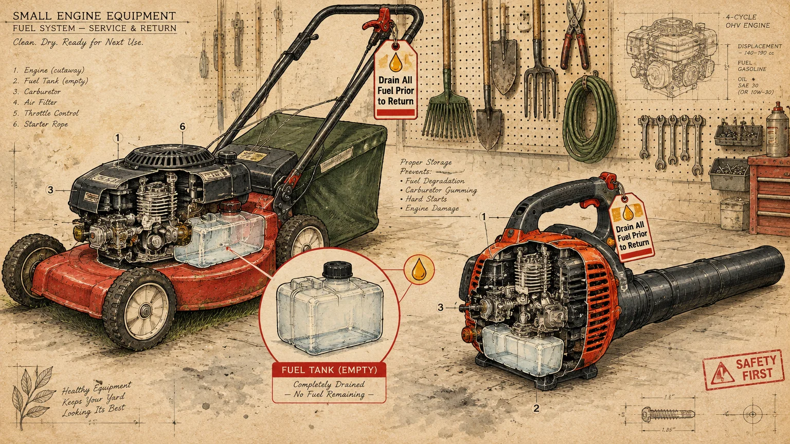 Illustration of a lawn mower and leaf blower cut away to reveal empty fuel tanks, with workshop tools behind them.
