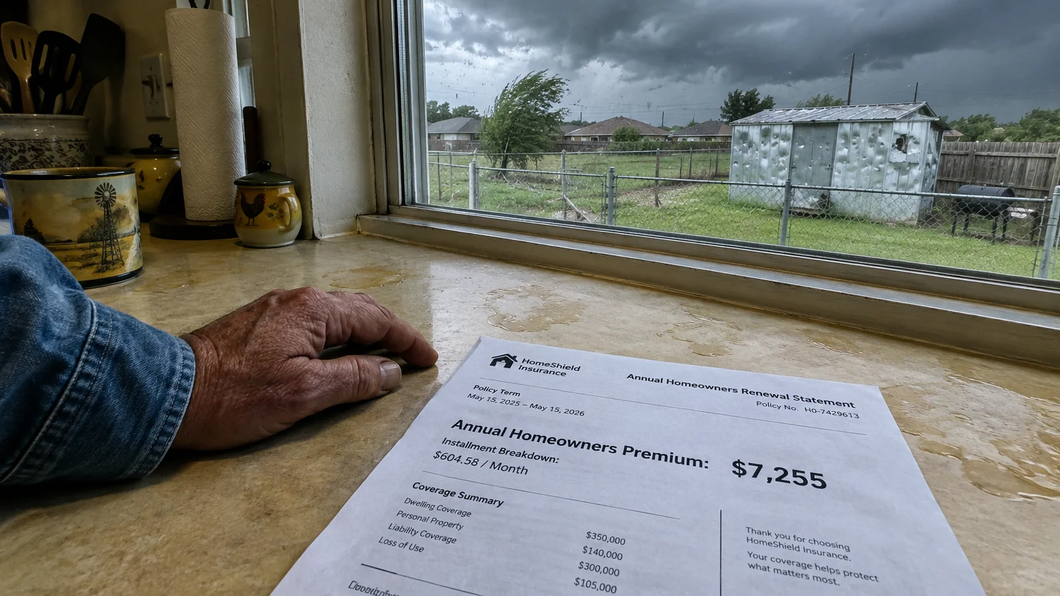 A hand rests next to a homeowners insurance bill for $7,255 by a window showing a stormy sky and hail-dented shed.