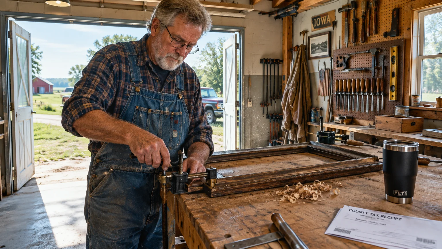 An older man in denim overalls works on a wooden frame at a workbench in a sunlit workshop with tools.