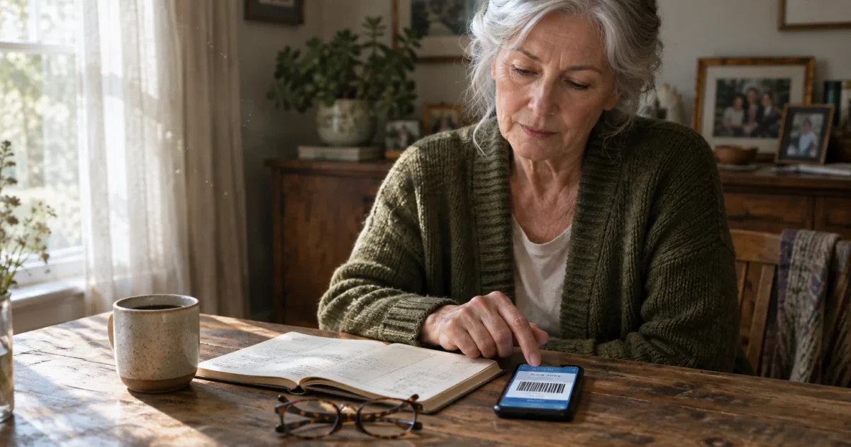 Senior woman sitting at a rustic wooden table with an open ledger, mug, and glasses, tapping a smartphone displaying a barcode.