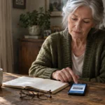Senior woman sitting at a rustic wooden table with an open ledger, mug, and glasses, tapping a smartphone displaying a barcode.