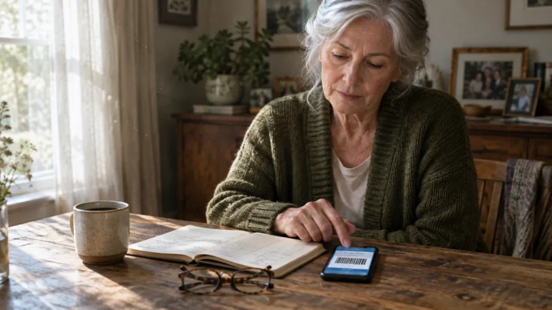 Senior woman sitting at a rustic wooden table with an open ledger, mug, and glasses, tapping a smartphone displaying a barcode.