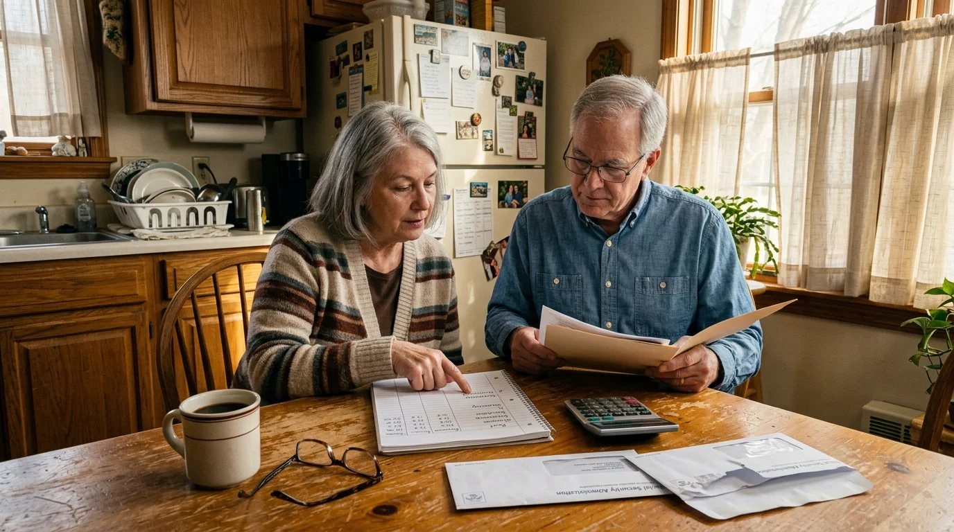 An older couple sits at a wooden kitchen table reviewing bills, a ledger, and mail with a calculator.