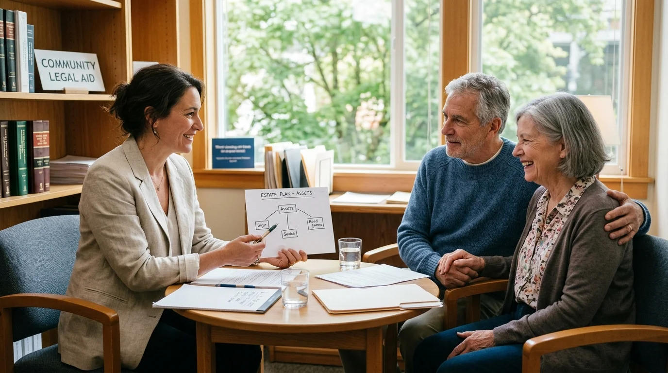 A female advisor shows an estate plan asset diagram to an older smiling couple seated across a wooden table.