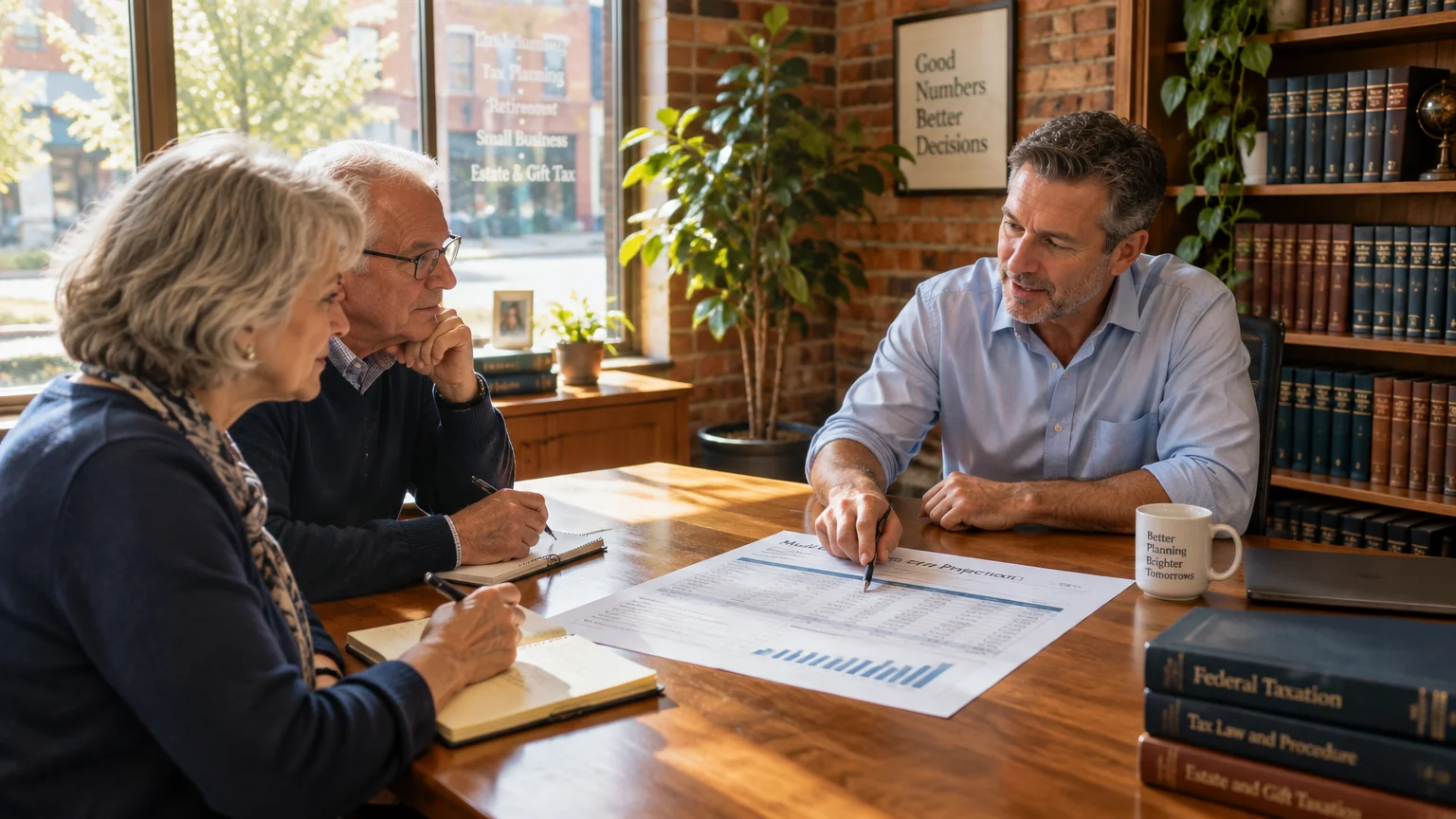 A financial advisor points to a document while speaking with a senior couple seated across a wooden office desk.