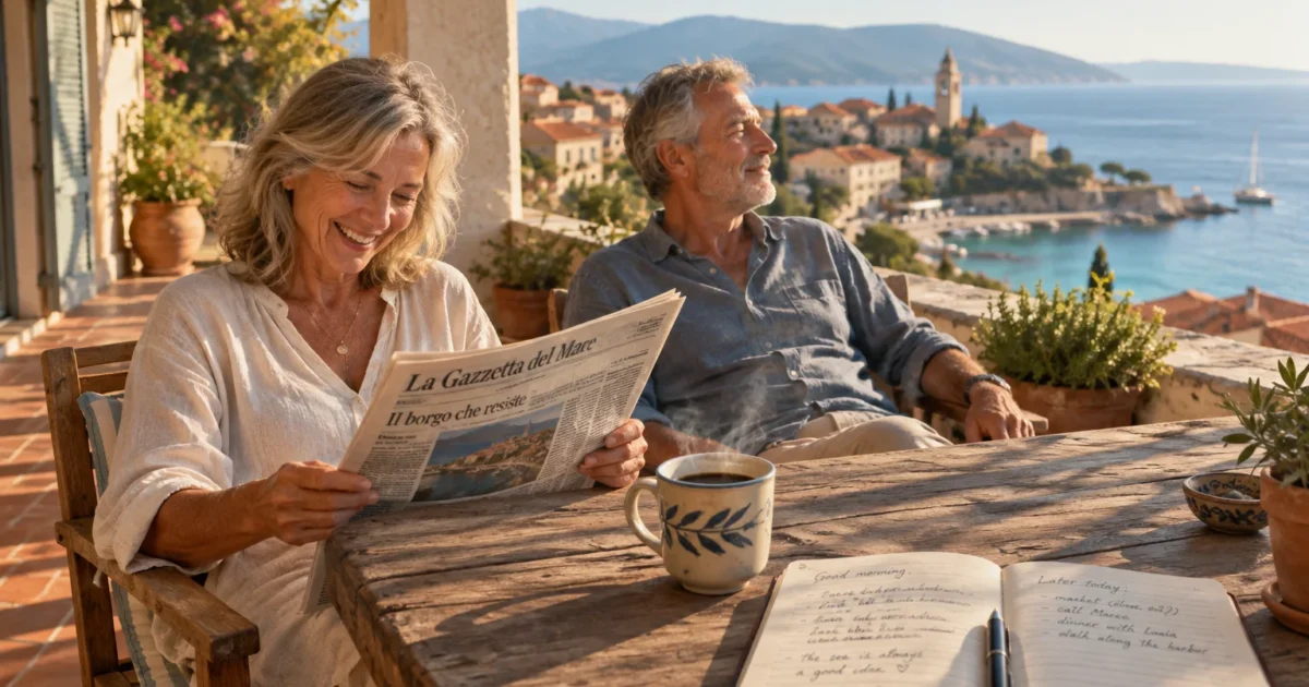 Older couple relaxing on a sunny stone terrace overlooking a Mediterranean coastal town and sea.