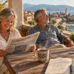 Older couple relaxing on a sunny stone terrace overlooking a Mediterranean coastal town and sea.
