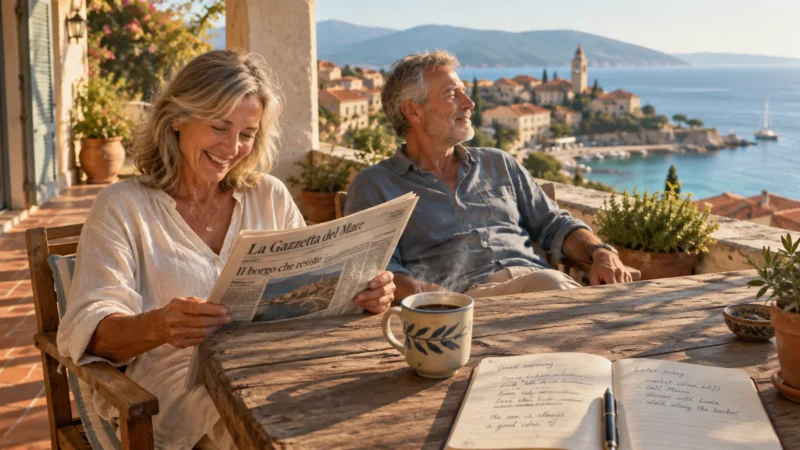 Older couple relaxing on a sunny stone terrace overlooking a Mediterranean coastal town and sea.