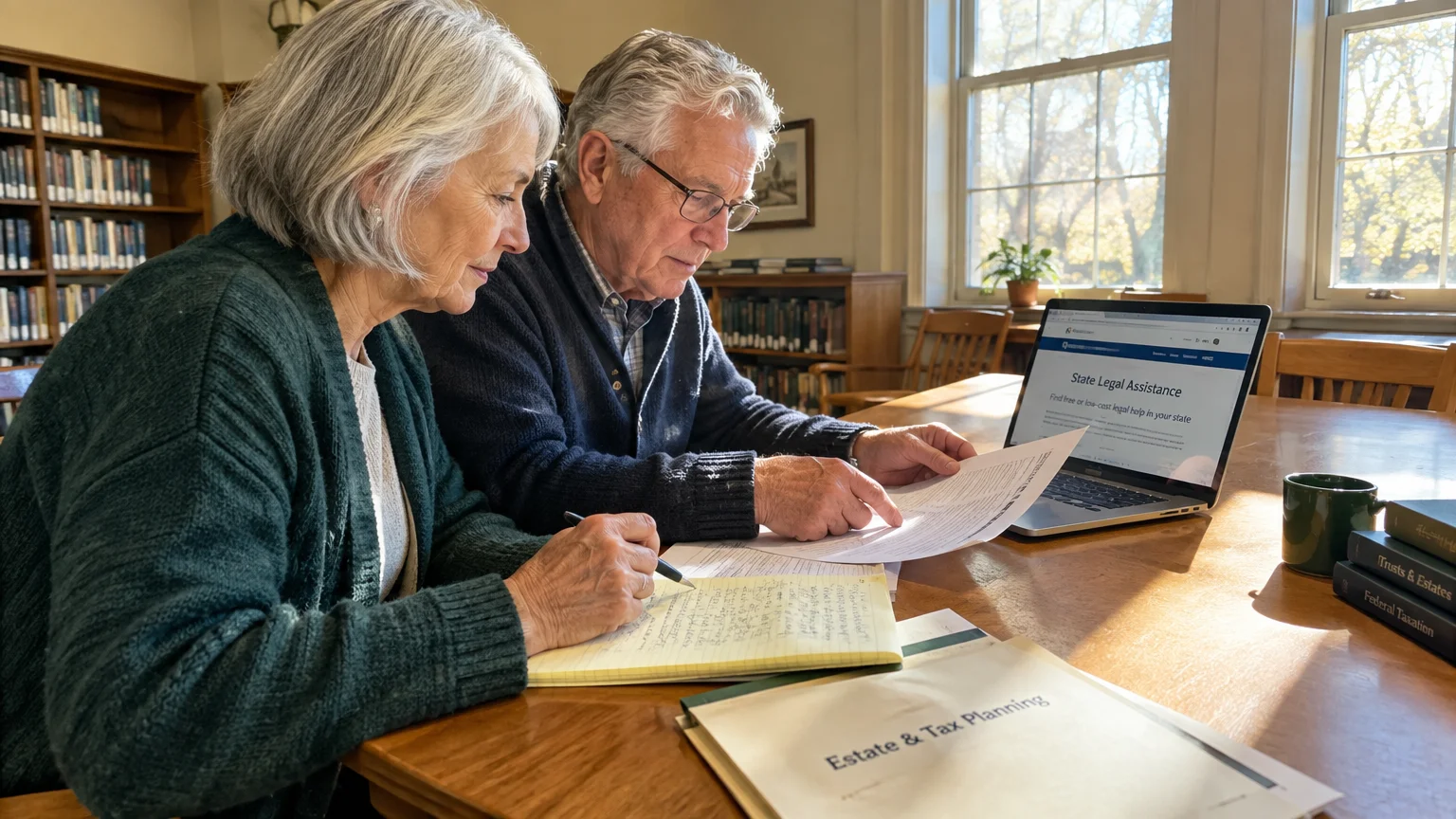 Senior couple reviewing paperwork and a laptop at a library table beside an Estate and Tax Planning folder.
