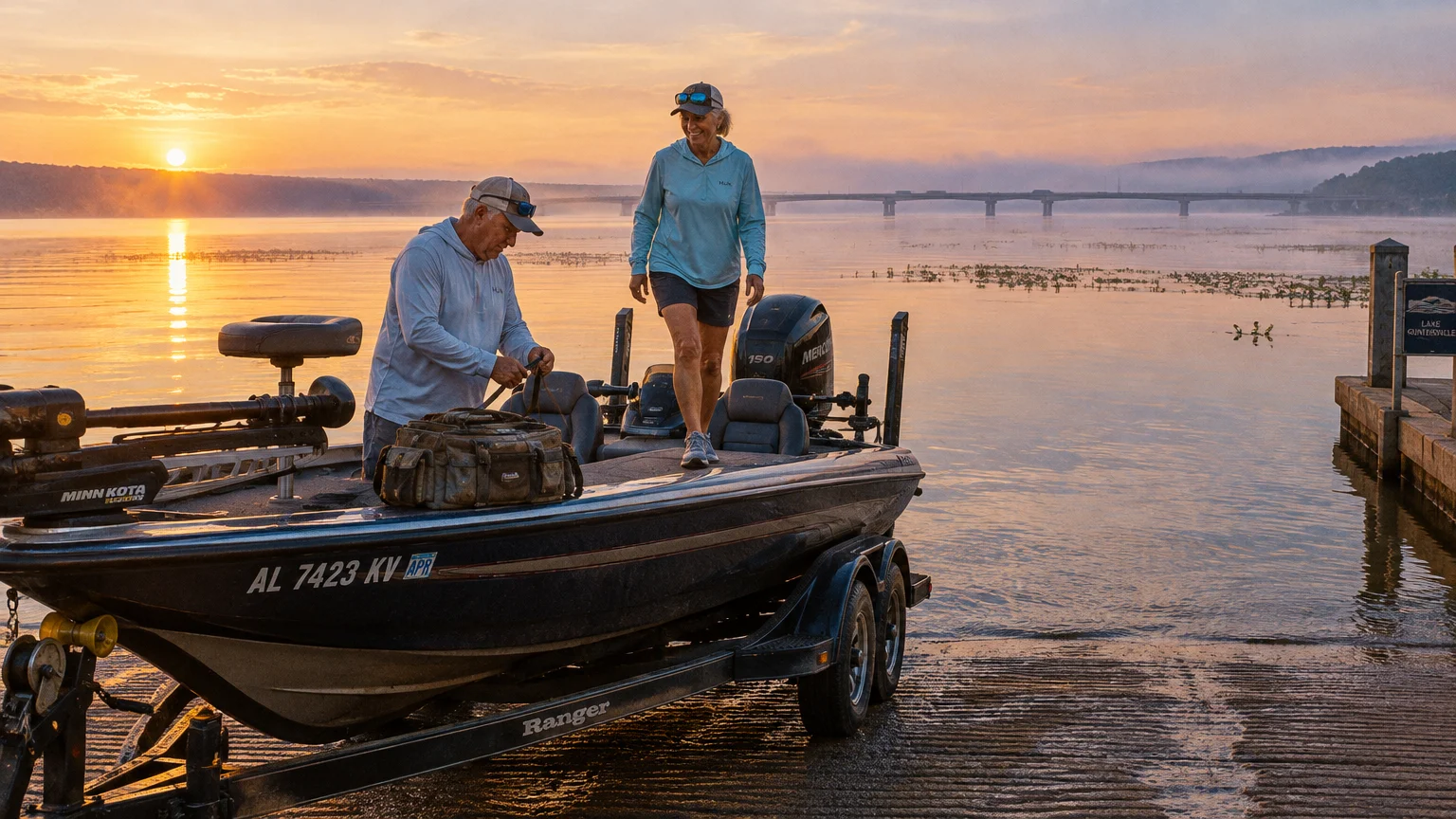 A man and woman prepare their motorboat on a trailer at a concrete boat ramp during a golden sunrise over a lake.