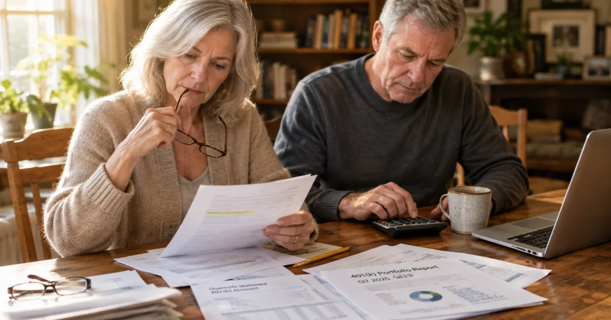 Older couple sitting at a wooden dining table reviewing 401(k) portfolio reports with a calculator and laptop.