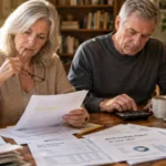 Older couple sitting at a wooden dining table reviewing 401(k) portfolio reports with a calculator and laptop.
