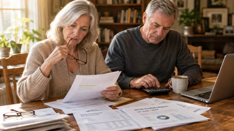 Older couple sitting at a wooden dining table reviewing 401(k) portfolio reports with a calculator and laptop.