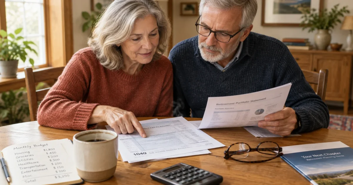 Senior couple reviewing tax forms and retirement portfolio statements at a dining table with a calculator and budget notebook.