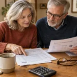 Senior couple reviewing tax forms and retirement portfolio statements at a dining table with a calculator and budget notebook.