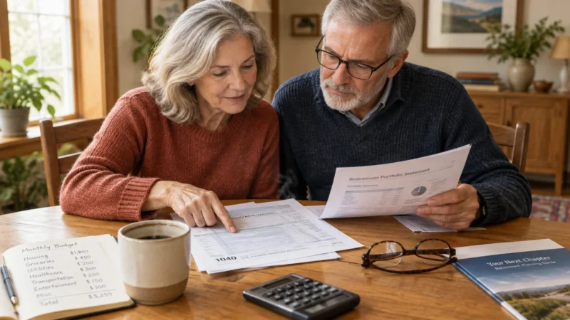 Senior couple reviewing tax forms and retirement portfolio statements at a dining table with a calculator and budget notebook.
