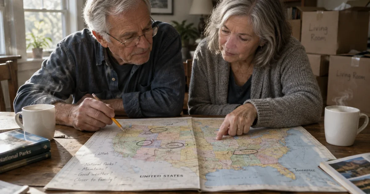 An older couple sitting at a wooden table examines and marks a United States map near moving boxes.