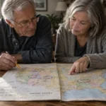 An older couple sitting at a wooden table examines and marks a United States map near moving boxes.