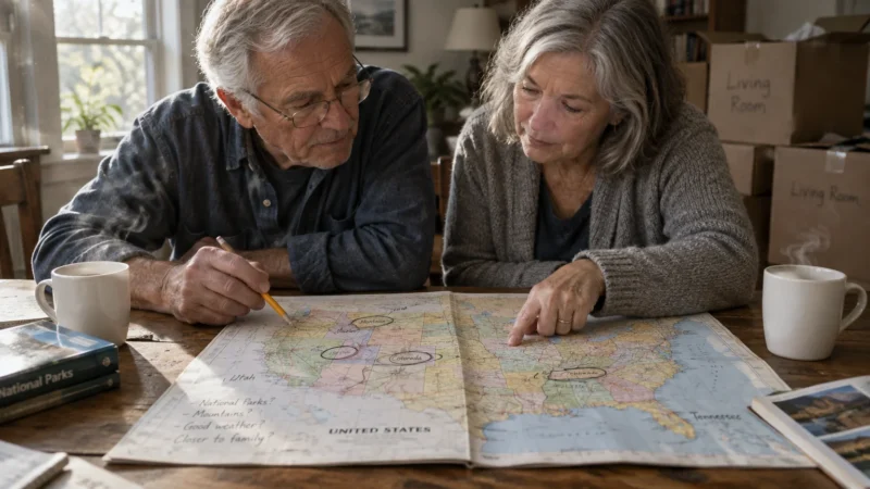 An older couple sitting at a wooden table examines and marks a United States map near moving boxes.