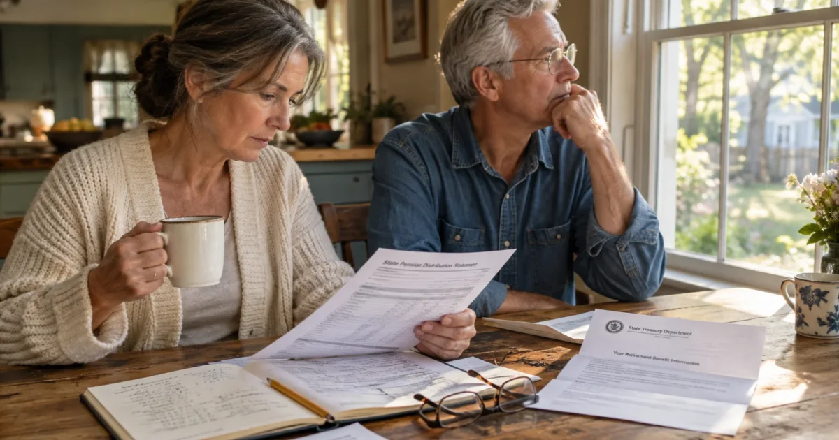 Senior couple reviewing pension distribution papers at a sunny wooden dining table near a window.