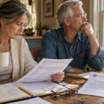 Senior couple reviewing pension distribution papers at a sunny wooden dining table near a window.