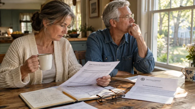 Senior couple reviewing pension distribution papers at a sunny wooden dining table near a window.