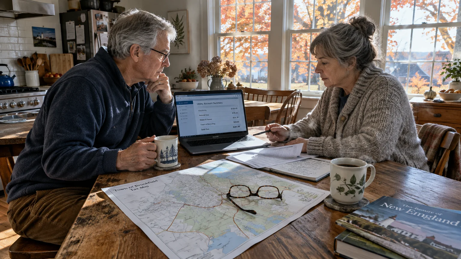 Older couple reviewing utility bills on a laptop and a town tax map at a wooden table in a sunny kitchen.