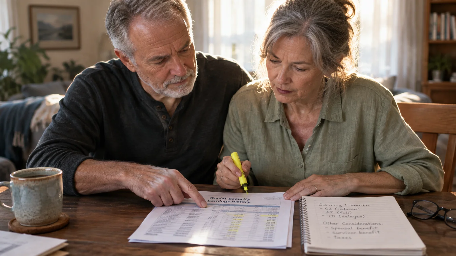 Mature couple reviewing a printed Social Security Earnings History document with a yellow highlighter at a wooden table.