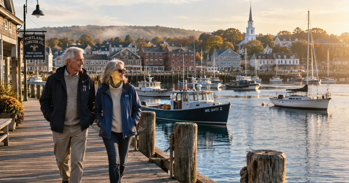 Older couple walking along a wooden pier in a harbor filled with boats and historic coastal buildings.