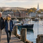 Older couple walking along a wooden pier in a harbor filled with boats and historic coastal buildings.