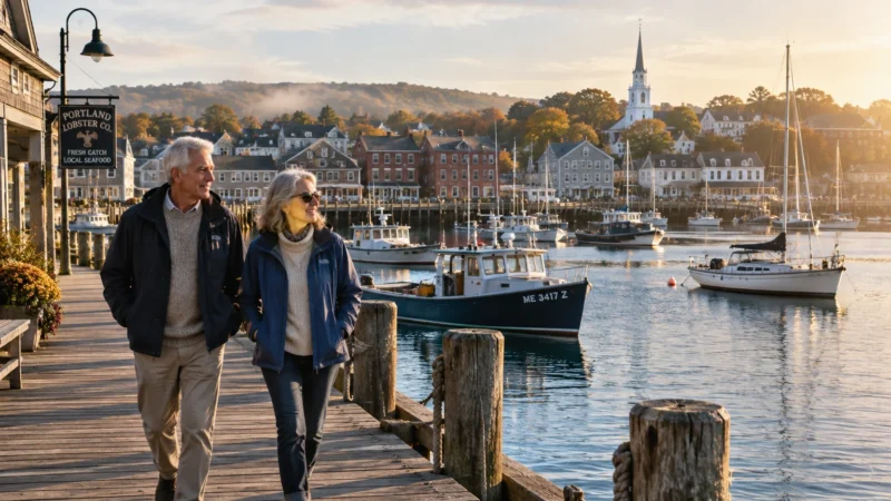 Older couple walking along a wooden pier in a harbor filled with boats and historic coastal buildings.
