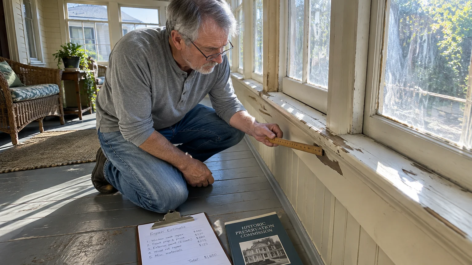 An older man kneels on an enclosed porch measuring peeling wood trim beside a repair estimate clipboard and rulebook.