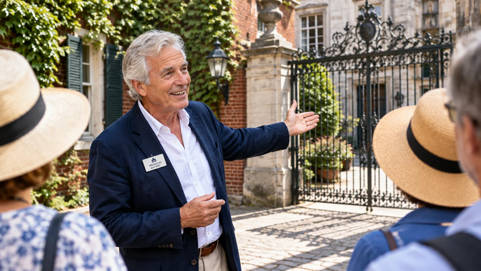 A senior male museum docent in a navy blazer gestures toward an ornate iron gate while speaking to tourists in sun hats.