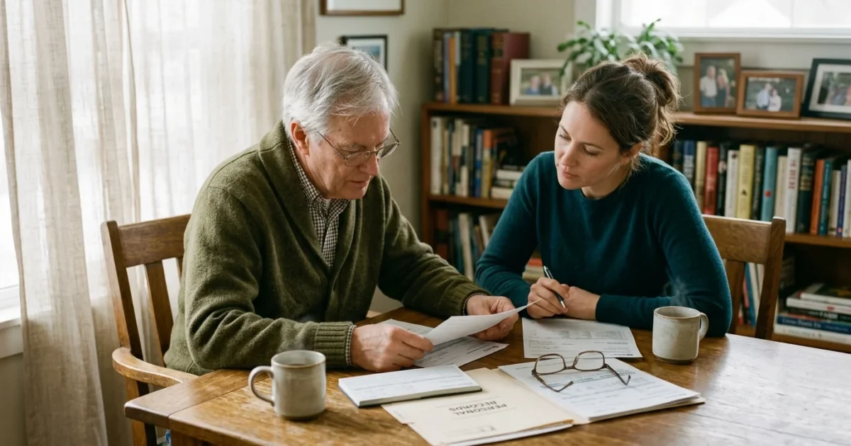 An older man and a younger woman sit at a wooden table reviewing financial paperwork beside coffee mugs and books.