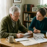 An older man and a younger woman sit at a wooden table reviewing financial paperwork beside coffee mugs and books.