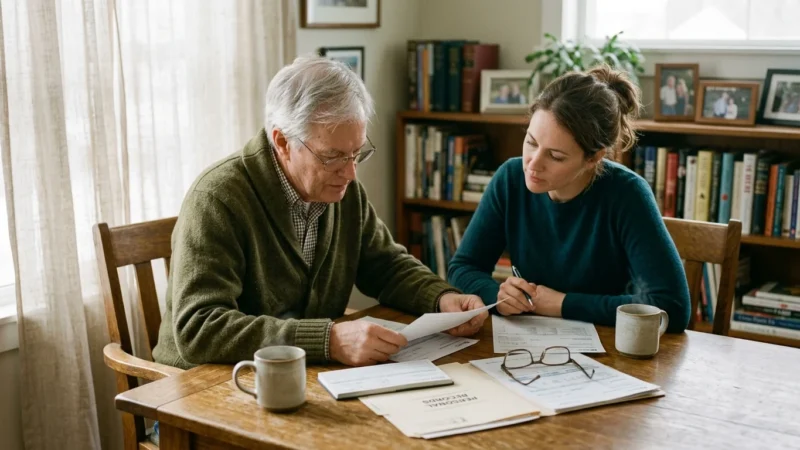 An older man and a younger woman sit at a wooden table reviewing financial paperwork beside coffee mugs and books.