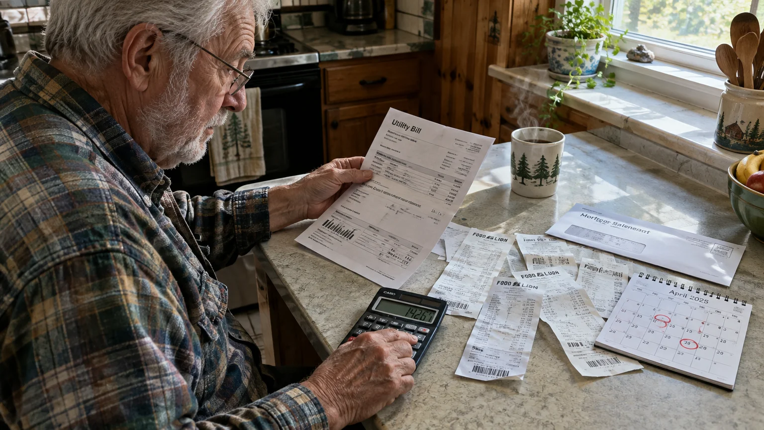 A senior man holds a utility bill and uses a calculator beside receipts and a calendar on a kitchen counter.