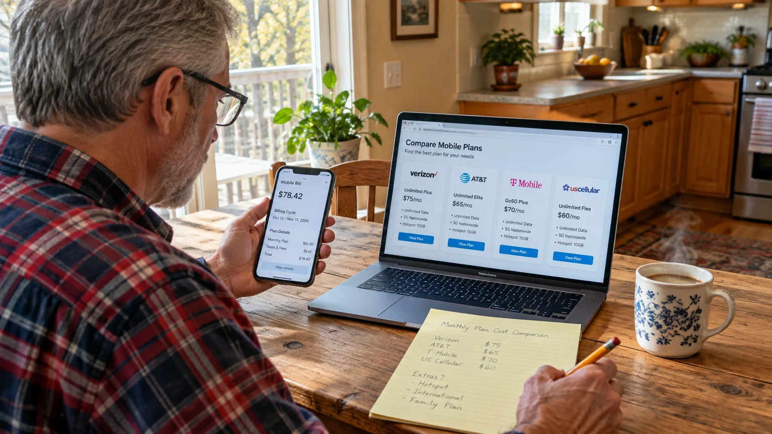 A man at a wooden table compares mobile phone plan prices on a laptop, holding a smartphone and taking notes on paper.
