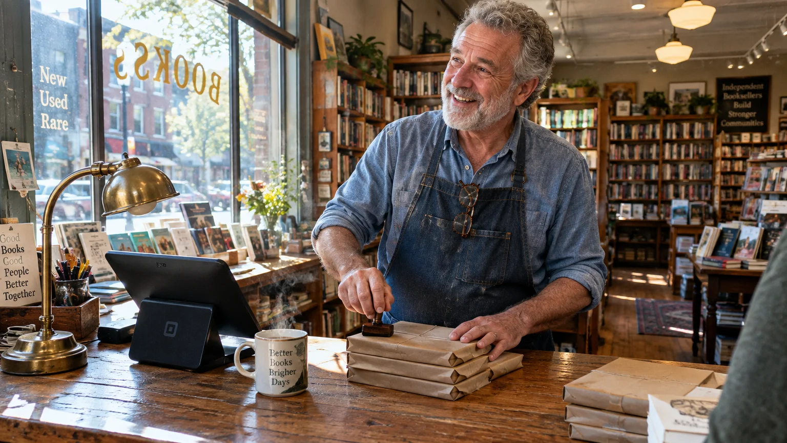 A smiling older man with a beard and apron stamps wrapped books behind the wooden checkout counter of a bookstore.