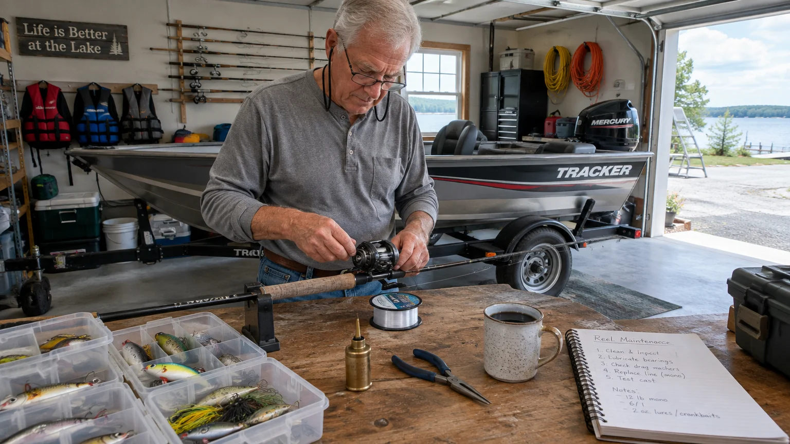 A senior man maintains a fishing reel at a garage workbench, with a boat on a trailer parked behind him.