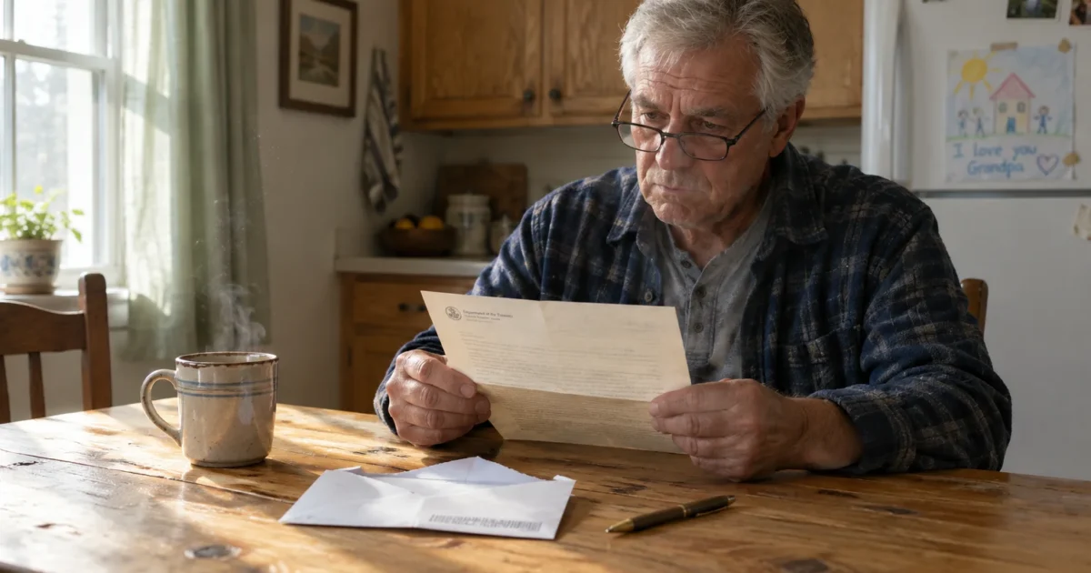 An older man wearing glasses reads an open letter while sitting at a wooden kitchen table next to a mug.