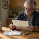 An older man wearing glasses reads an open letter while sitting at a wooden kitchen table next to a mug.
