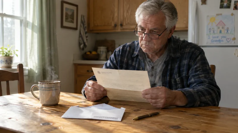 An older man wearing glasses reads an open letter while sitting at a wooden kitchen table next to a mug.