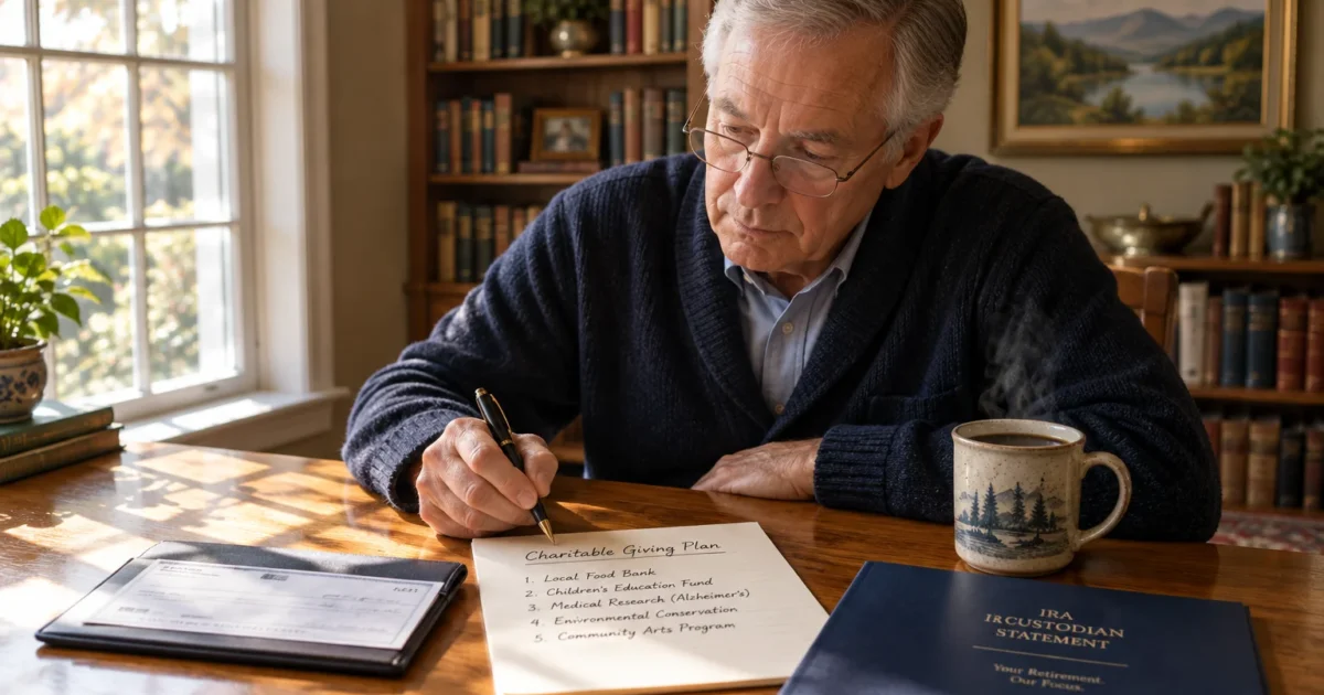 A senior man writes a charitable giving plan at a wooden desk with an IRA statement and a cup of coffee.
