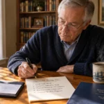 A senior man writes a charitable giving plan at a wooden desk with an IRA statement and a cup of coffee.