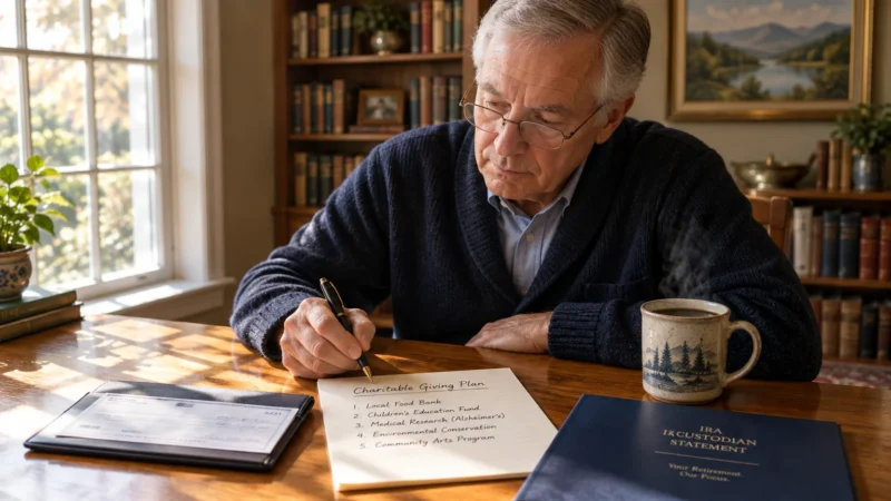 A senior man writes a charitable giving plan at a wooden desk with an IRA statement and a cup of coffee.