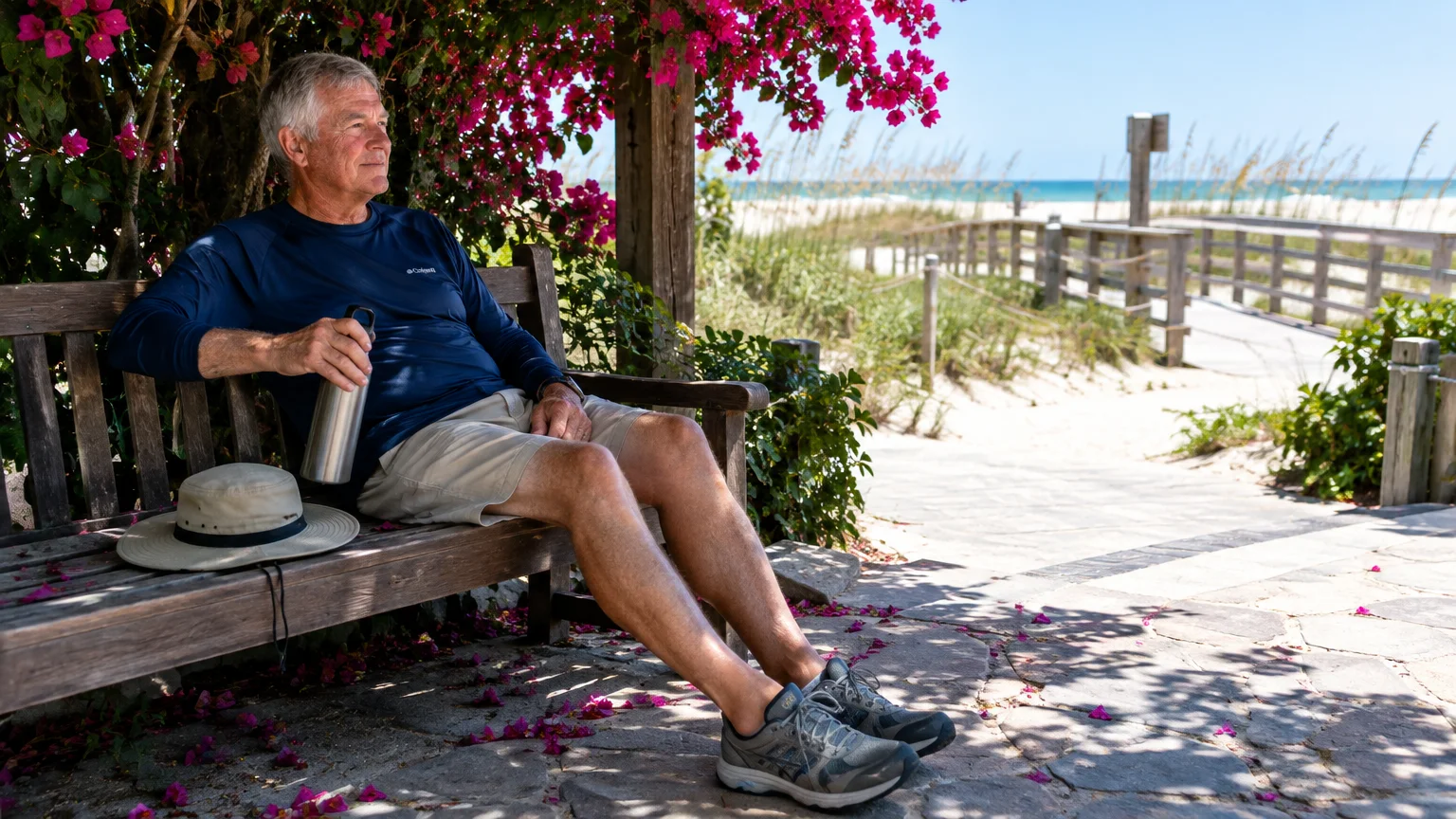 A senior man sits on a wooden bench holding a water bottle under flowering vines along a coastal beach path.