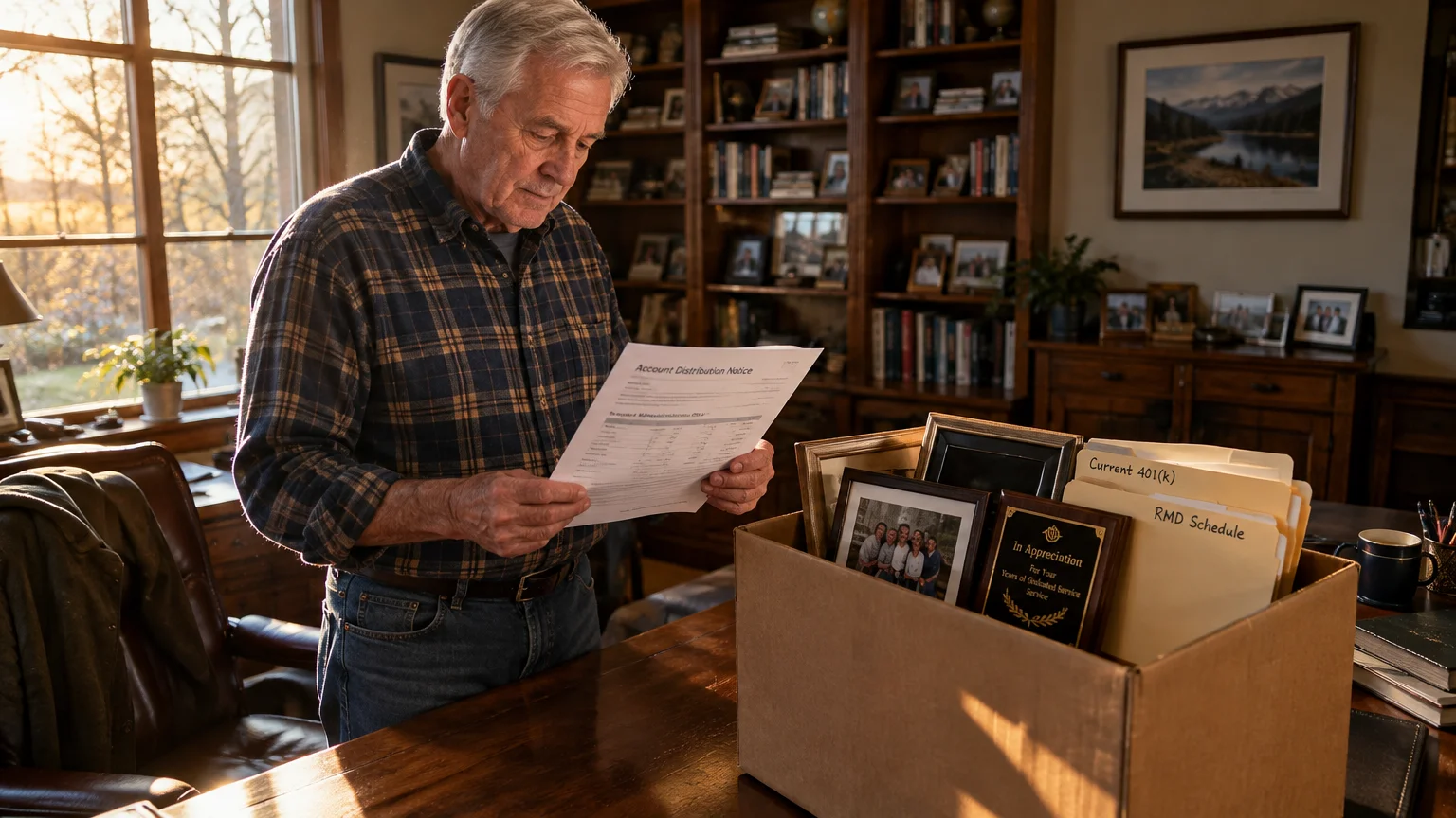 A senior man standing by a desk reading a document beside a cardboard box filled with folders and framed plaques.