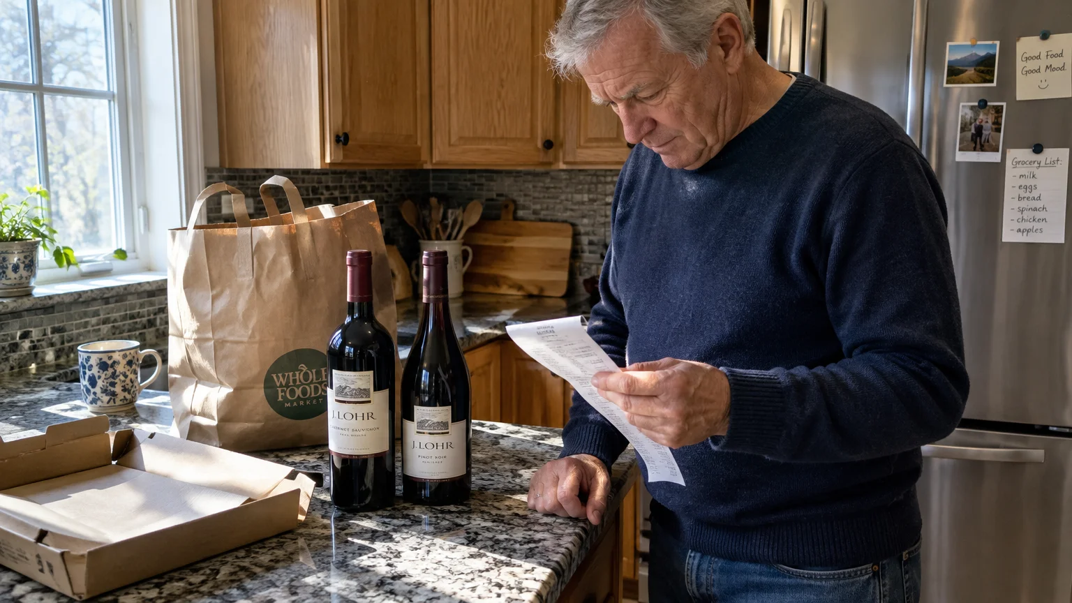 A man reads a grocery receipt on a kitchen counter next to two bottles of red wine and a Whole Foods paper bag.